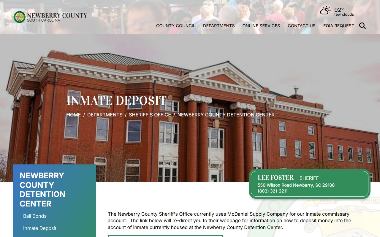 Newberry County inmate deposit page linking to JailPackStore