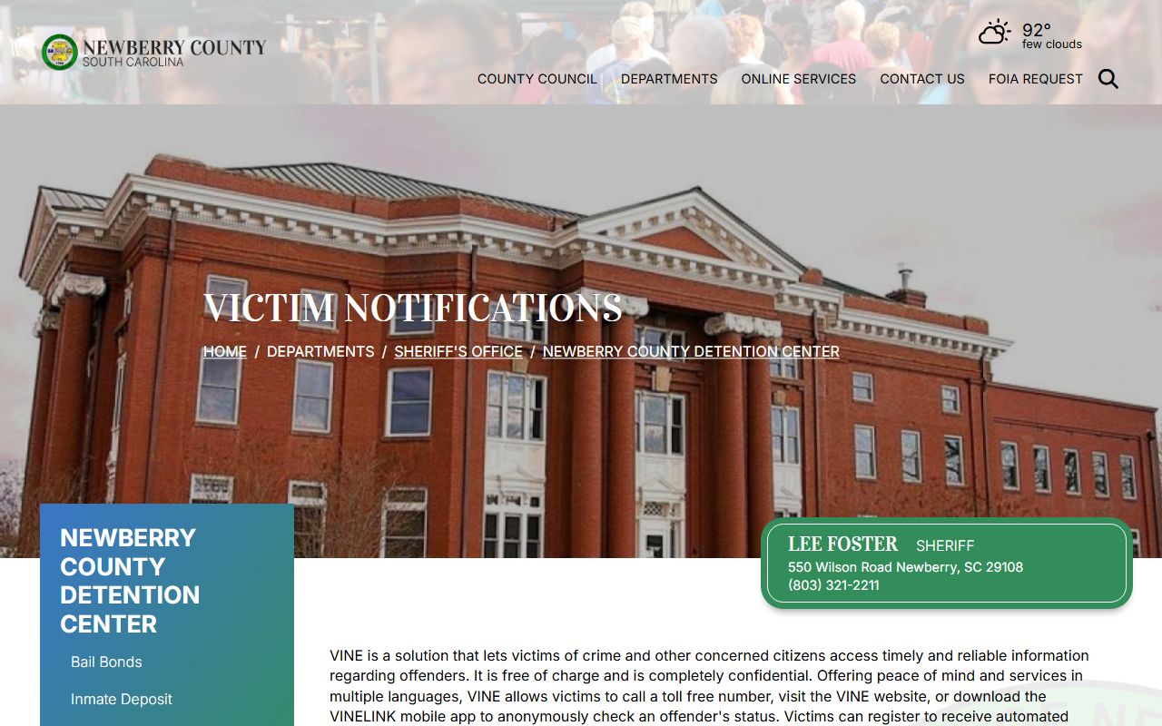 Newberry County VINE victim notification page