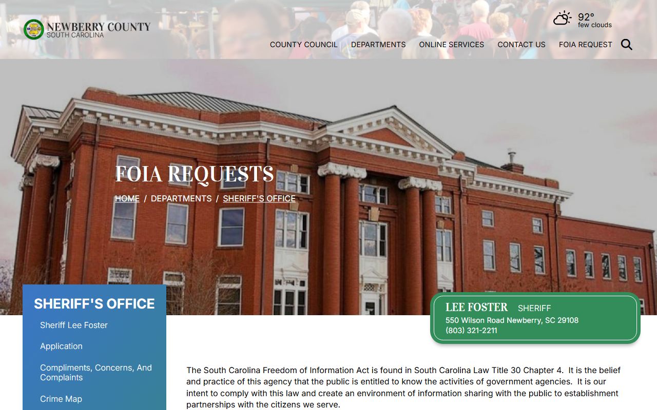 Newberry County inmate records FOIA request instructions